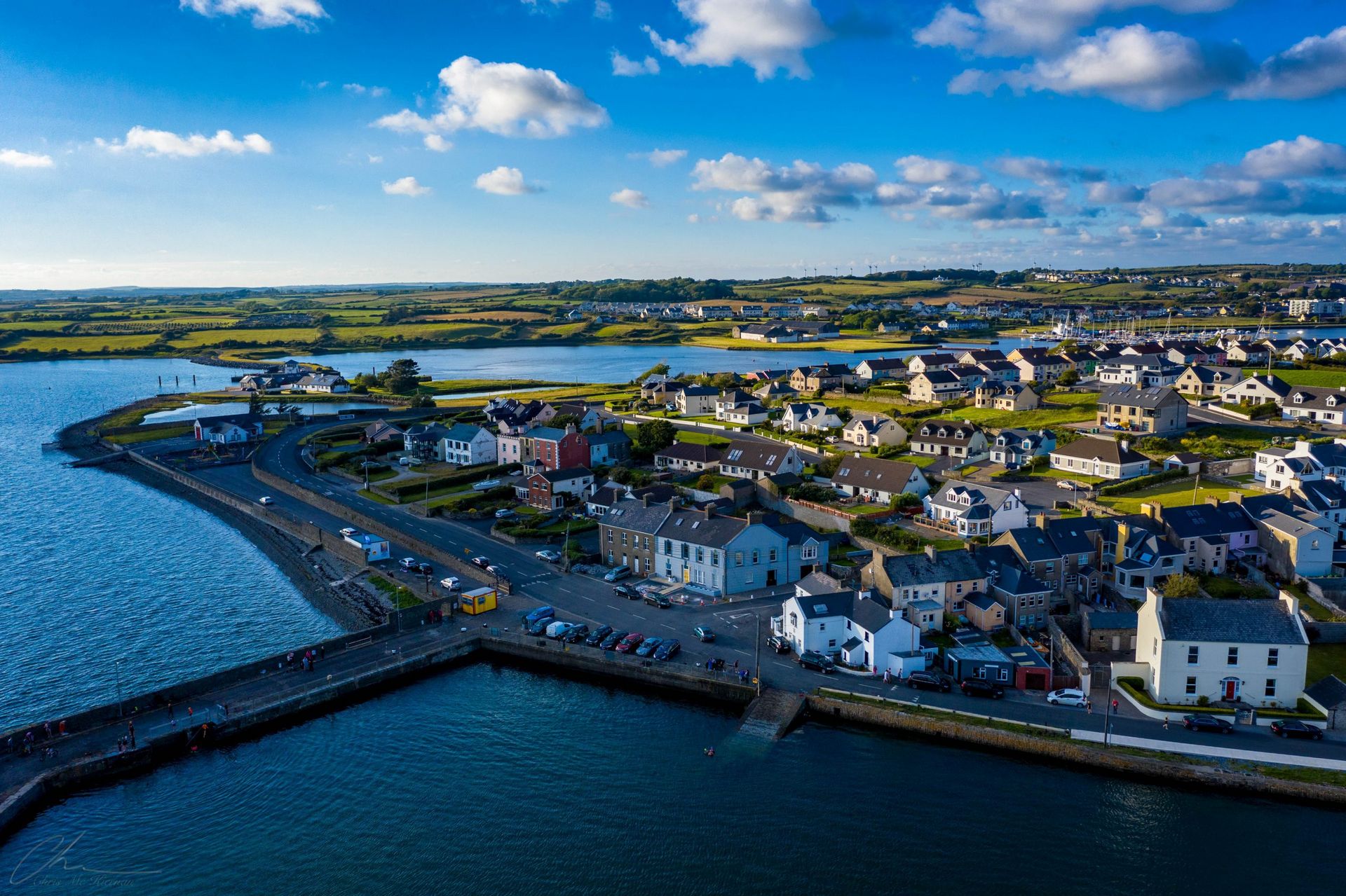 An aerial view of Kilrush harbour and the town